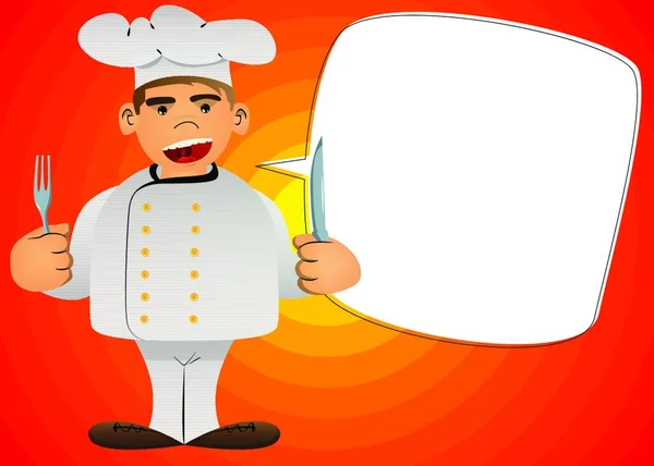 Tlustý Kreslený Kuchař Uniformě Drží Nůž Vidličku Vektorová Ilustrace — Stockový vektor