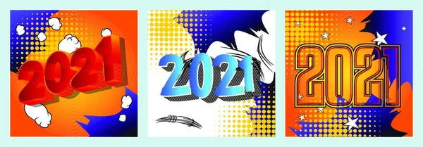 Criativa Feliz Ano Novo 2021 Cartão Design Quadrinhos Fundo Coleção —  Vetores de Stock