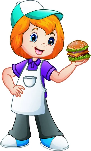 Vektorové Ilustrace Rychlého Občerstvení Servírka Dívka Ukazuje Hamburger — Stockový vektor