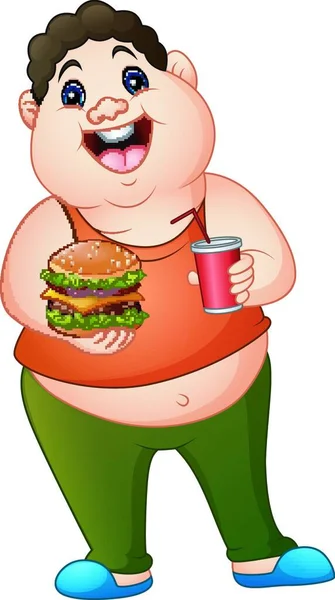 Vektor Ilustrasi Pria Lemak Kartun Memegang Hamburger Dengan Minum Soda - Stok Vektor