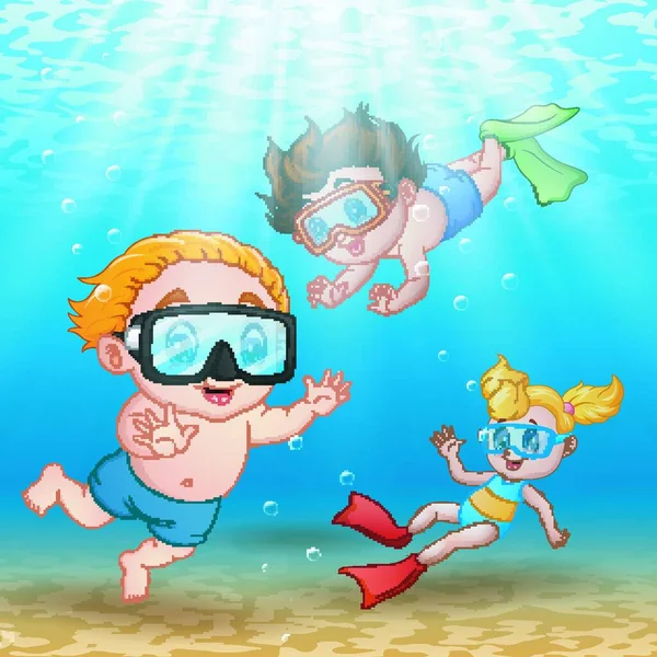 Illustration Vectorielle Trois Enfants Nageant Plongeant Sous Eau — Image vectorielle