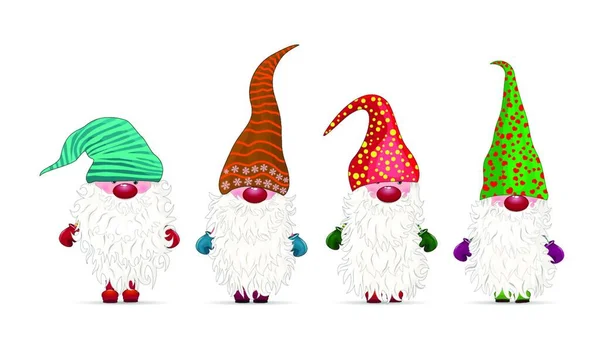 Collection Petits Gnomes Sur Fond Blanc Personnage Noël Nains Barbe — Image vectorielle