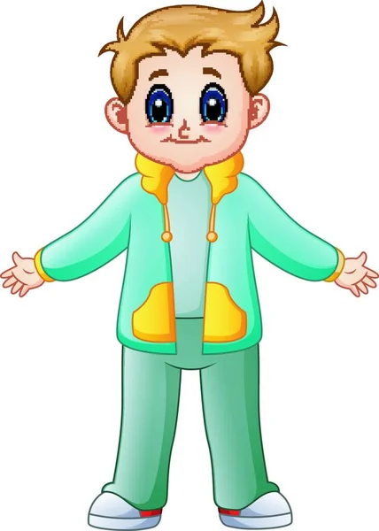 Vector Illustration Cute Boy Cartoon Green Jacket — Stock Vector