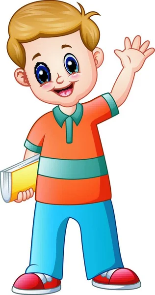 Vector Illustration Cartoon Boy Holding Book Waving Hand — Stock Vector