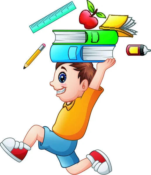 Vector Illustration Cartoon Boy Running Carrying School Supplies — Stock Vector