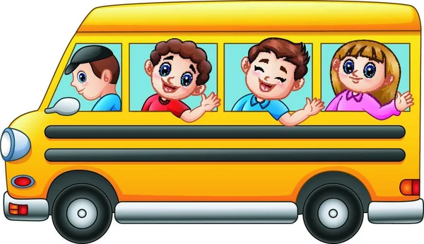 Ilustração Vetorial Crianças Dos Desenhos Animados Indo Para Escola Ônibus — Vetor de Stock