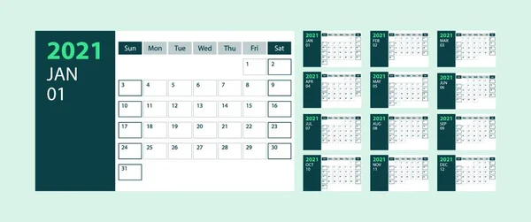 Kalender 2021 Wochenstart Sonntag Corporate Design Planer Vorlage Auf Grünem — Stockvektor