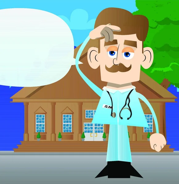 Αστείος Γιατρός Κινουμένων Σχεδίων Σύγχυση Εικονογράφηση Διανύσματος Υπάλληλος Υγείας Που — Διανυσματικό Αρχείο