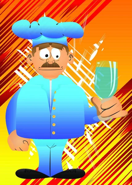 Chef Dibujos Animados Masculino Gordo Uniforme Con Vaso Agua Ilustración — Archivo Imágenes Vectoriales