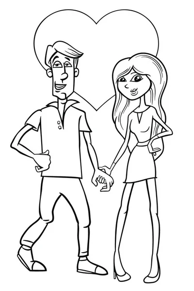 黒と白のバレンタインデーグリーティングカード漫画のイラストで若者たちカップルキャラクターで愛ぬり絵の本のページ — ストックベクタ