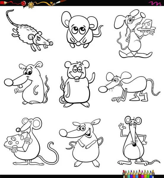 Black White Cartoon Illustration Mice Comic Animal Characters Set Coloring — Stock Vector