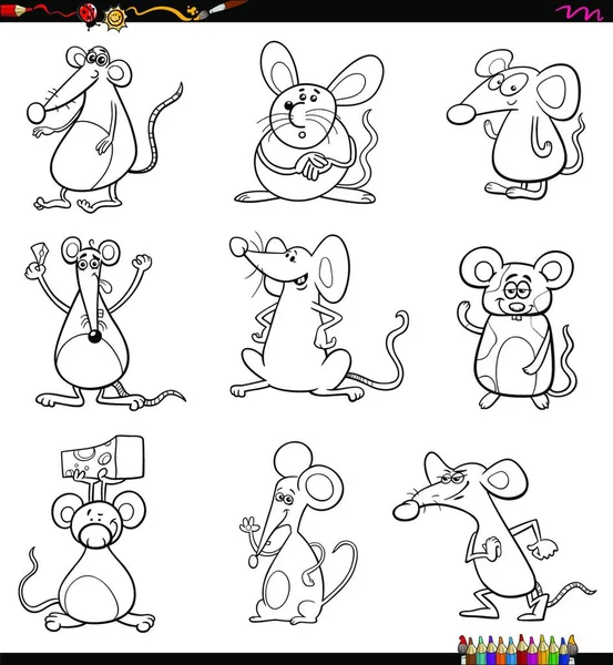 Schwarz Weiße Cartoon Illustration Von Lustigen Mäusen Comic Tierfiguren Gesetzt — Stockvektor