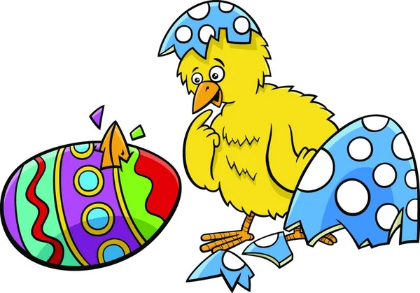 Tecknad Illustration Lilla Gula Kyckling Kläckt Från Påskfärgade Ägg — Stock vektor