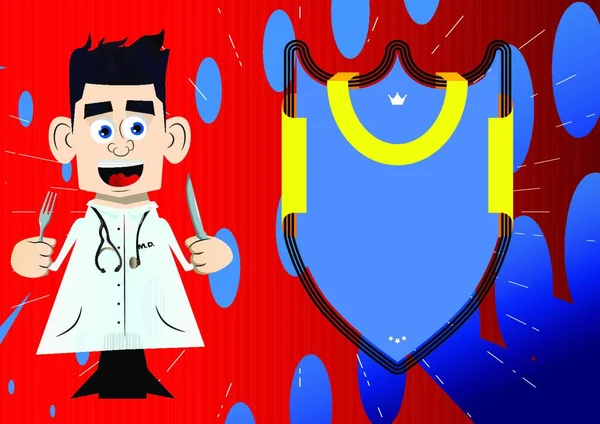 Funny Cartoon Doctor Holding Knife Fork Vector Illustration — Stock Vector