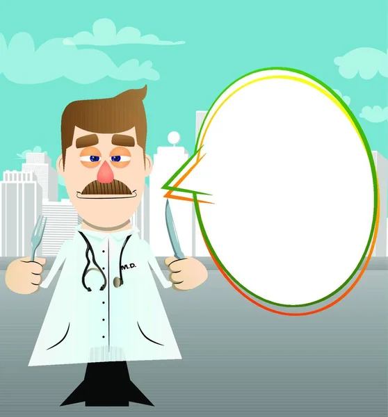 Grappige Tekenfilmdokter Die Een Mes Vork Omhoog Houdt Vectorillustratie — Stockvector