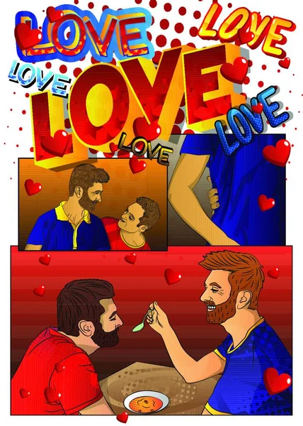 概念漫画页描绘Lgbtq爱情 一对同性恋夫妇在家里消磨时光 同性情人的卡通风格矢量图解 — 图库矢量图片