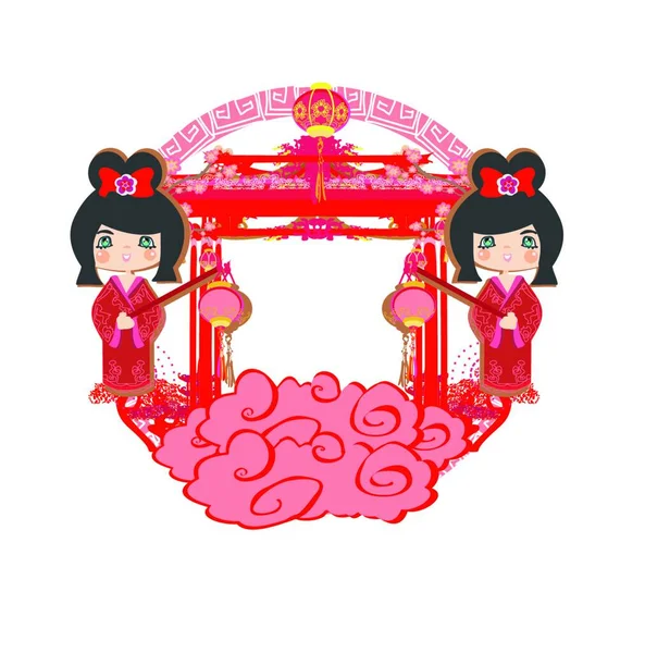Szczęśliwego Nowego Roku Czerwonym Parasolem Dziewczyną — Wektor stockowy