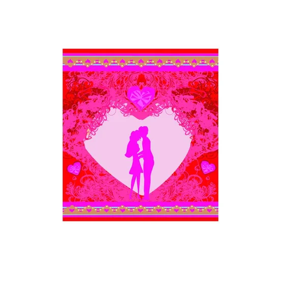 ハッピーバレンタインデーカード 心の背景に抱擁カップル — ストックベクタ
