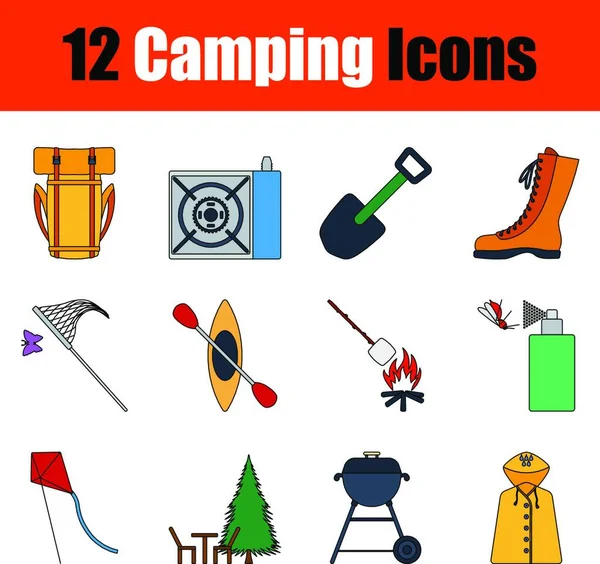 Camping Campamento Conjunto Iconos Planos Ilustración Vectorial — Vector de stock