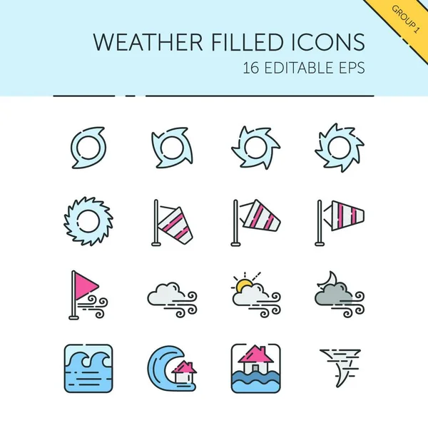 Clima Meteorología Grupo Viento Conjunto Iconos Color Aislado Ilustración Vectorial — Vector de stock