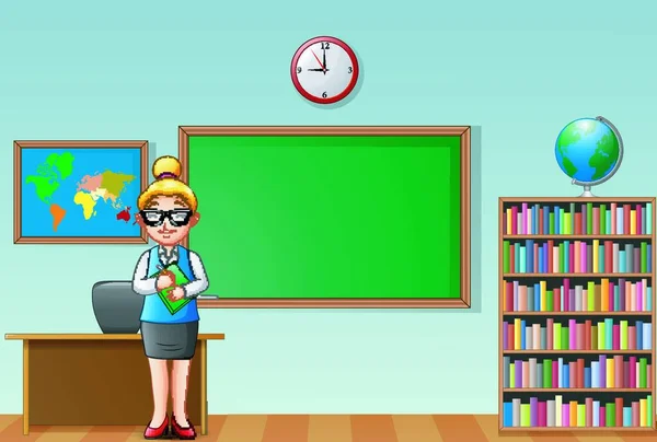 Cartoon Female Teacher Standing Classroom — Stock Vector