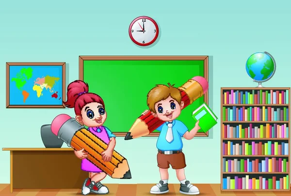 Cartoon Kinder Mit Bleistift Klassenzimmer — Stockvektor