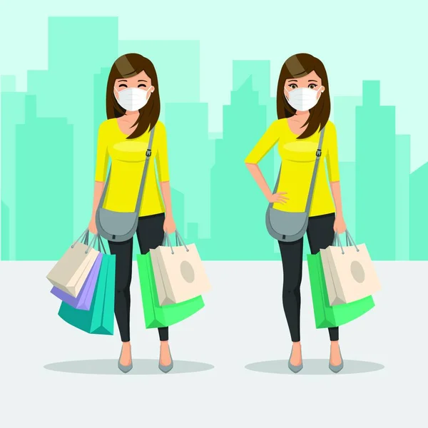 Mujer Cabello Castaño Liso Con Bolsas Compras Máscara Dos Posiciones — Vector de stock