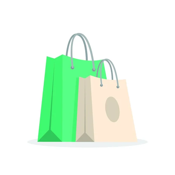 2つのショッピングバッグ 緑とベージュ 孤立したオブジェクトベクトル図 — ストックベクタ