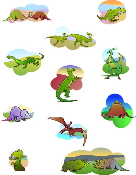 Illustrazione Stile Cartone Animato Collezione Dinosauri Simpatici Divertenti — Vettoriale Stock