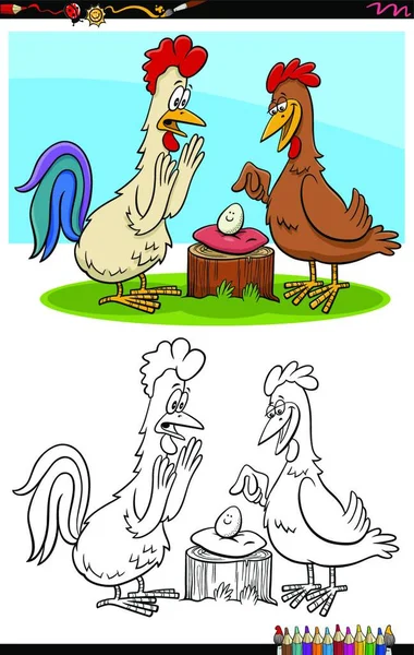 Dibujos Animados Ilustración Gallo Gallina Con Huevo Para Colorear Página — Archivo Imágenes Vectoriales