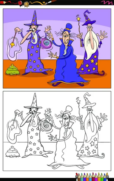 Tecknad Illustration Tre Trollkarlar Fantasi Tecken Målarbok Sida — Stock vektor
