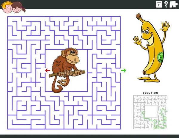 Rajzfilm Illusztrációja Oktatási Labirintus Kirakós Játék Gyerekeknek Vicces Majom Banán — Stock Vector