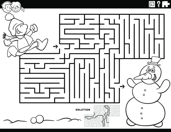 Fekete Fehér Rajzfilm Illusztráció Oktatási Labirintus Puzzle Játék Gyerekeknek Fiú — Stock Vector