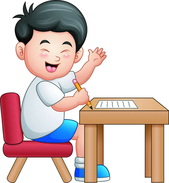 Vektor Illustration Des Cartoon Jungen Der Tisch Lernt Und Daumen — Stockvektor