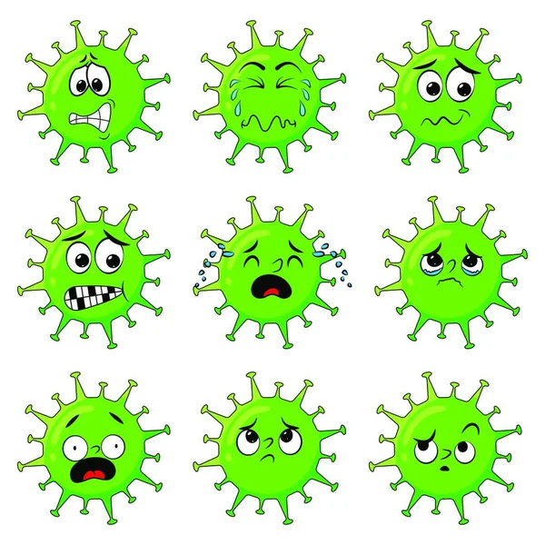 Personaje Coronavirus Mostrando Preocupación Expresión Miedo Conjunto Dibujos Animados Mascota — Vector de stock