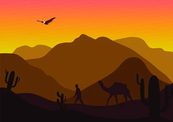 Desert Τοπίο Κάκτους Λόφους Και Βουνά Σιλουέτες Διάνυσμα Φύσης Οριζόντια — Διανυσματικό Αρχείο
