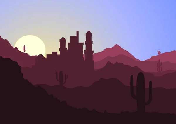 Desert Landscape Cactus Hills Mountains Silhouettes Векторний Природний Горизонт — стоковий вектор