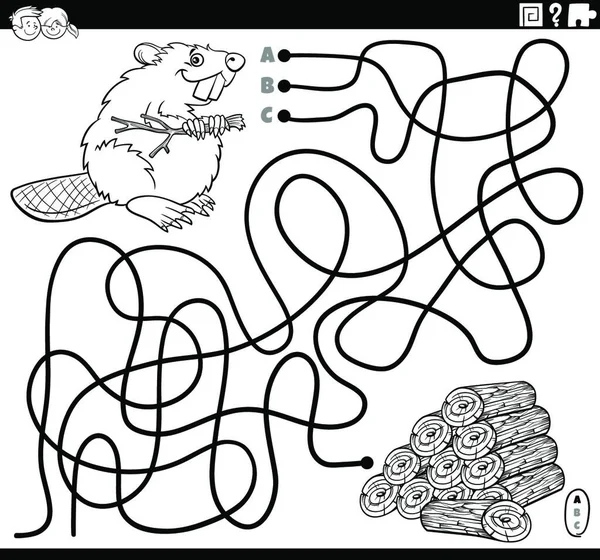 線の黒と白の漫画のイラスト迷路パズルゲームビーバーの文字と木のログぬりえの本のページ — ストックベクタ