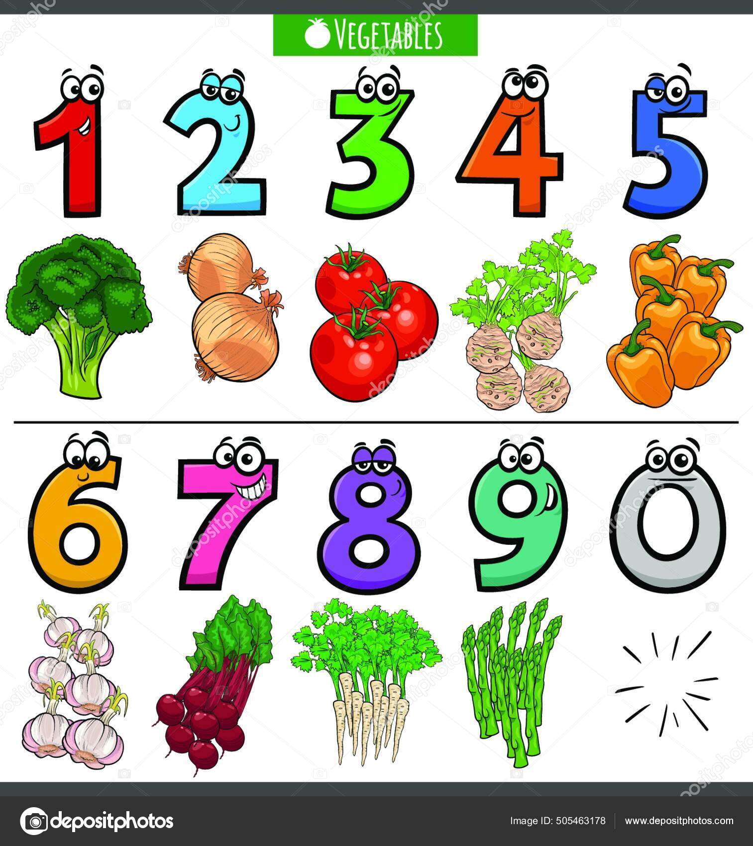 Dibujos Animados Ilustración Números Educativos Establecidos Uno Nueve Con Verduras vector, gráfico vectorial © PantherMediaSeller imagen #505463178 Dibujos Animados Ilustración Números Educativos Establecidos Uno Nueve Con Verduras vector, gráfico vectorial © PantherMediaSeller imagen #505463178
