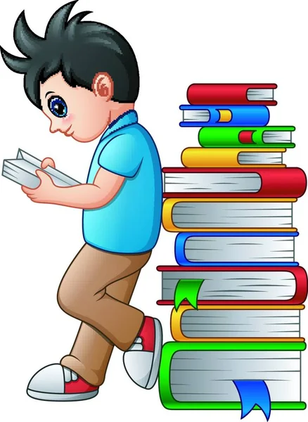 Векторна Ілюстрація Молодого Хлопчика Який Читає Нахилом Стосі Книги — стоковий вектор