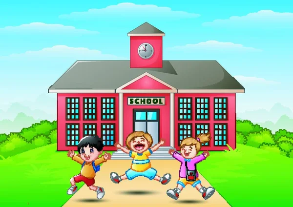 Vector Illustration Happy School Children Jumping Front School Building — Stock Vector