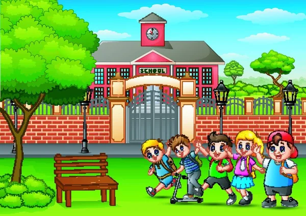 Vektor Illustration Glücklicher Schulkinder Die Vor Dem Schulgebäude Spielen — Stockvektor