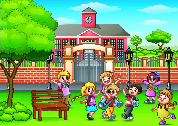 Vector Illustration Happy School Children Playing Front School Building — Stock Vector