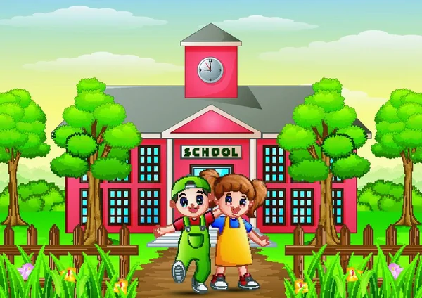 Ilustración Vectorial Niños Escuela Feliz Pie Frente Edificio Escuela — Vector de stock