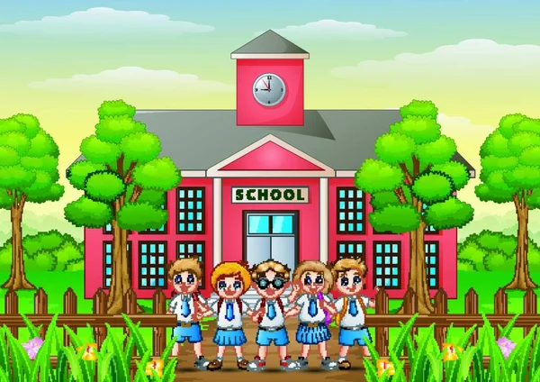 Vector Illustration Happy School Children Standing Front School Building — Stock Vector