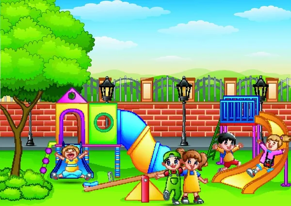 Ilustração Vetorial Crianças Felizes Brincando Playground Escola —  Vetores de Stock