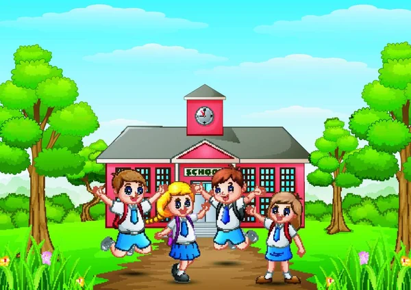 Vector Illustration Happy School Children Standing Front School Building — Stock Vector