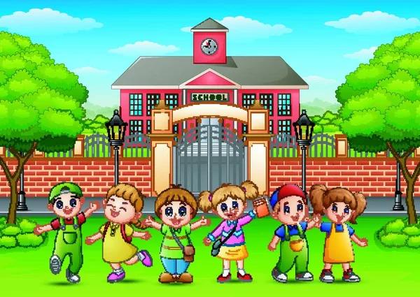Vector Illustration Happy School Children Standing Front School Building — Stock Vector
