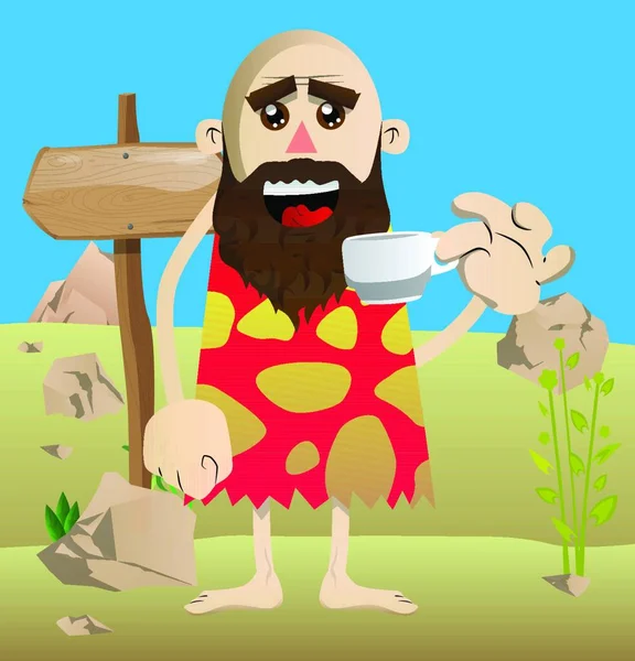 Prehistoryczny Człowiek Kreskówek Pijący Kawę Ilustracja Wektora Człowieka Epoki Kamienia — Wektor stockowy