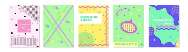 Set Van Memphis Style Covers Platte Vectorafbeeldingen Voor Achtergrond Brochures — Stockvector